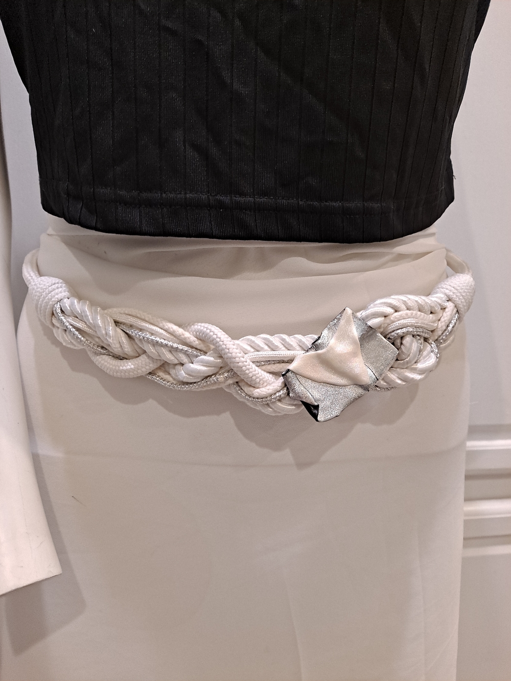 Rhea Costa Vintage 80s Braided White Rope Belt with Silver Knot Accent